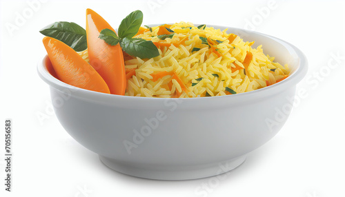 A white background with a single carrot and saffron-topped pilaf