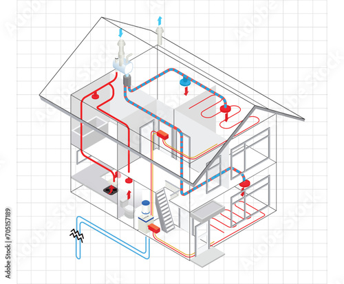 isometric style heating pipe installation flow