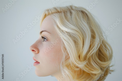 Side profile of a blonde woman  serious expression  white background