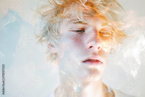 Surreal portrait of a man with blonde hair, dreamy artistic elements, white background