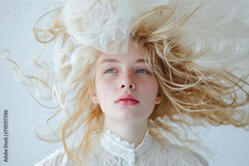 Surrealist portrait of a blonde woman, dreamlike elements, white background