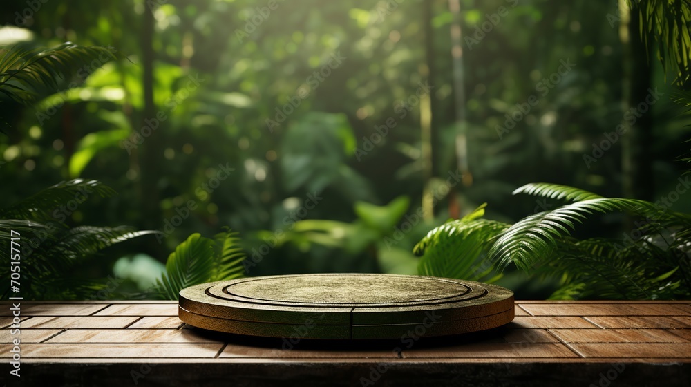 Wooden circular podium in a tropical forest with a pristine natural atmosphere, suitable for business product presentations - obrazy, fototapety, plakaty 