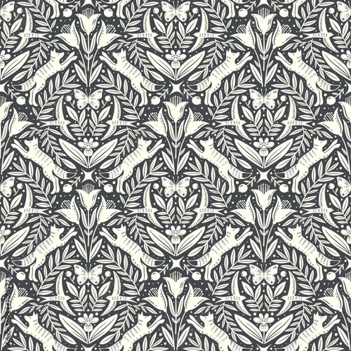 Hand drawn floral woodland seamless pattern, decorative animals, fox, bird, flowers seamless pattern
