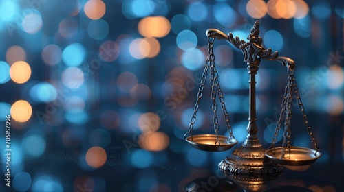 Scales of Justice: Symbol of Law and Order Against a Bokeh Lights Background