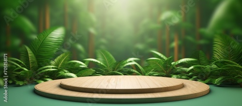 Wooden circular podium in a tropical forest with a pristine natural atmosphere, suitable for business product presentations