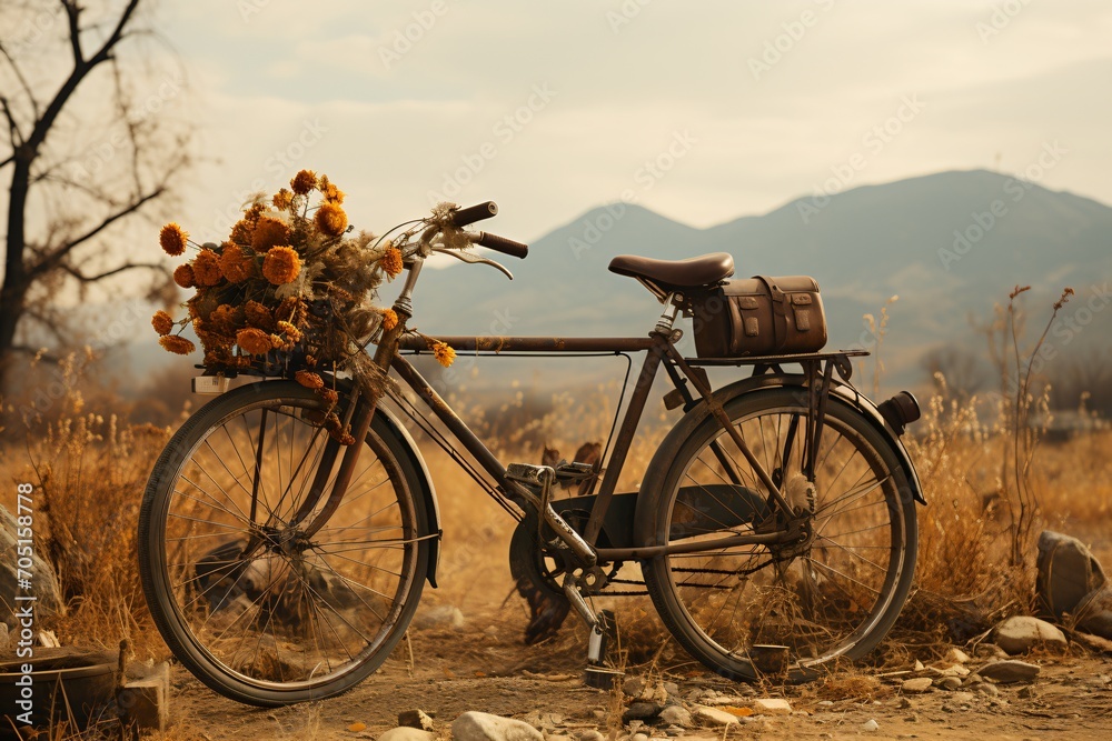 rusty bicycle with flowers in the basket