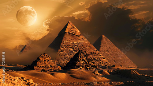 Giza pyramids under the rays of the full moon, creating a mysterious and atmospheric picture