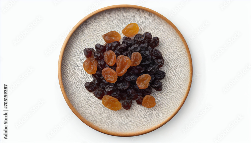 An isolated top view of a plate containing dried grape raisins against a white background