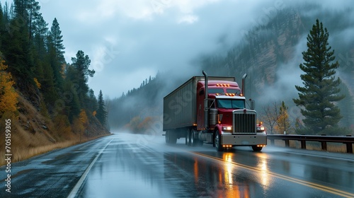 Semi Truck on Rainy Mountain Road Amidst Autumn Foliage