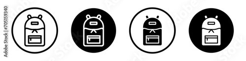 School bag icon set. Student backpack vector symbol in a black filled and outlined style. Schoolbag with books sign. photo