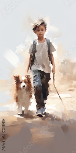 boy walking with a dog