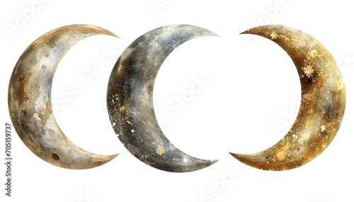 Decorative ornament-filled crescent moon set, ornamental design, transparent background, celestial decorative element, moon ornamentation, Islamic art