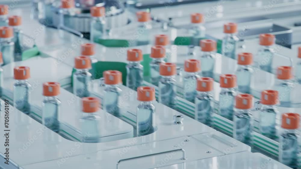 Fast Moving Glass Vials With Orange Caps on Conveyor Belt. Medical Ampoule Production Line at Modern Modern Pharmaceutical Factory. Medication Manufacturing Process. Fast Moving Glass Vials With Orange Caps on Conveyor Belt. Medical Ampoule Production Line at Modern Modern Pharmaceutical Factory. Medication Manufacturing Process.