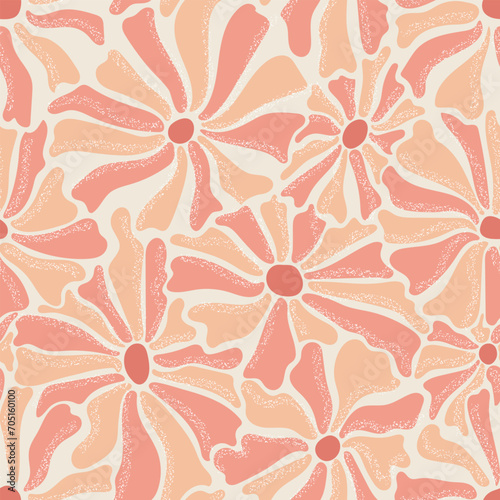 Seamless pattern with cute retro groovy flowers in peach fuzz colors. Summer simple abstract design in naive art style . 60s vintage style plants. Colorful psychedelic background. Vector illustration