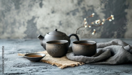 Traditional clay teapot with flat teapot, tea cups and teapot, Green japanese tea, Black iron asian teapot. photo