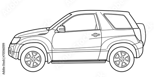 Classic compact suv car. Crossover car front view shot. Outline doodle vector illustration. Design for print, coloring book 