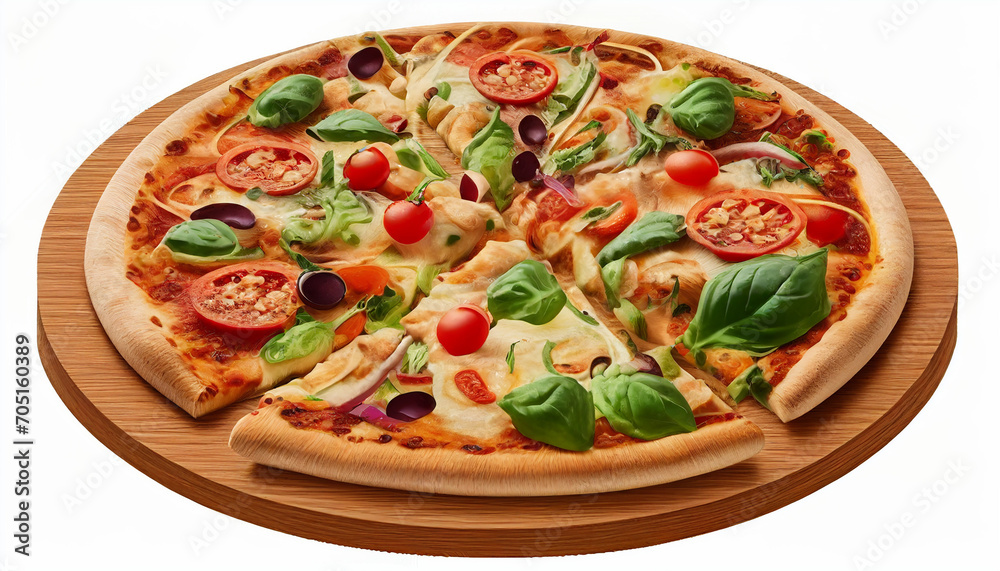 Pizza with vegetables on a wooden board, isolated on a white background Pizza with vegetables on a wooden board, isolated on a white background