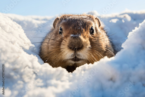 Groundhog emerges from snowy den. Groundhog Day celebration.