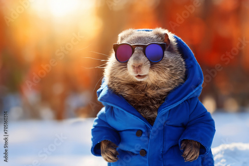 Relaxed groundhog with a blue coat and sunglasses walks outdoors in winter. Groundhog Day celebration. photo