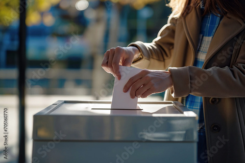 Woman Depositing Voting Ballot Into Ballot Box at Polling Station photo