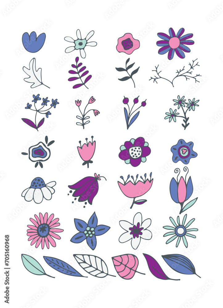 Bouquet maker - different flowers vector elements. Colored bouquet. Collection of various bright flowers isolated on a white background. For logo design, tattoo, postcard. Flat design. 