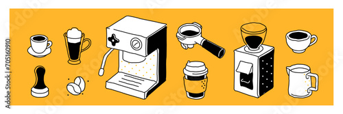 Coffee brewing equipment concept illustration. Collections of coffee grinder, portafilter, milk pitcher, espresso machine and other barista supplies. Hand drawn doodle vector illustrations set.