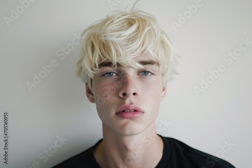 Urban portrait of a young man with blonde hair, street style, white background