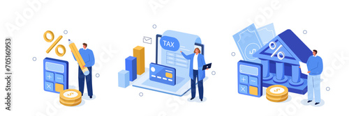 Taxes set. Collections of characters preparing and calculating tax declaration and making income tax refund. Financial management concept. Vector illustration. photo