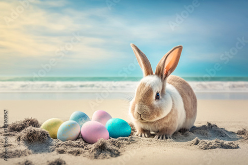 Easter bunny with easter eggs on the beach created with generative AI technology