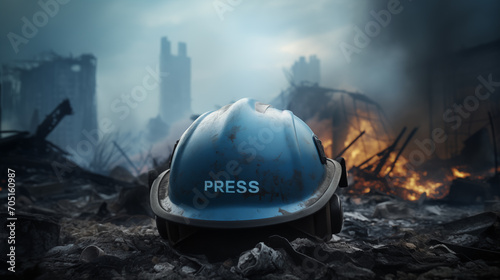 Press helmet in a war region photo