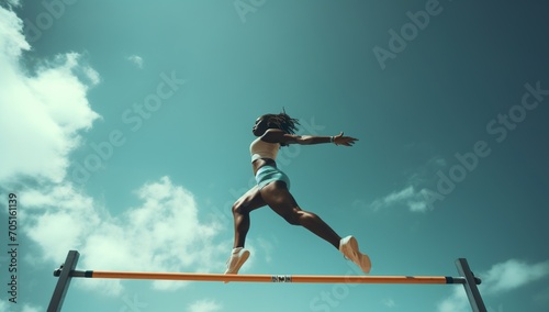 African American female athlete jumping over a hurdle
