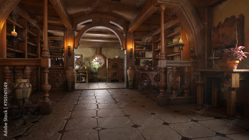 Hallway of a medieval fantasy house for dwarves, halflings or fairies. 3D rendering..