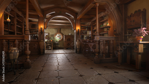 Hallway of a medieval fantasy house for dwarves, halflings or fairies. 3D rendering..