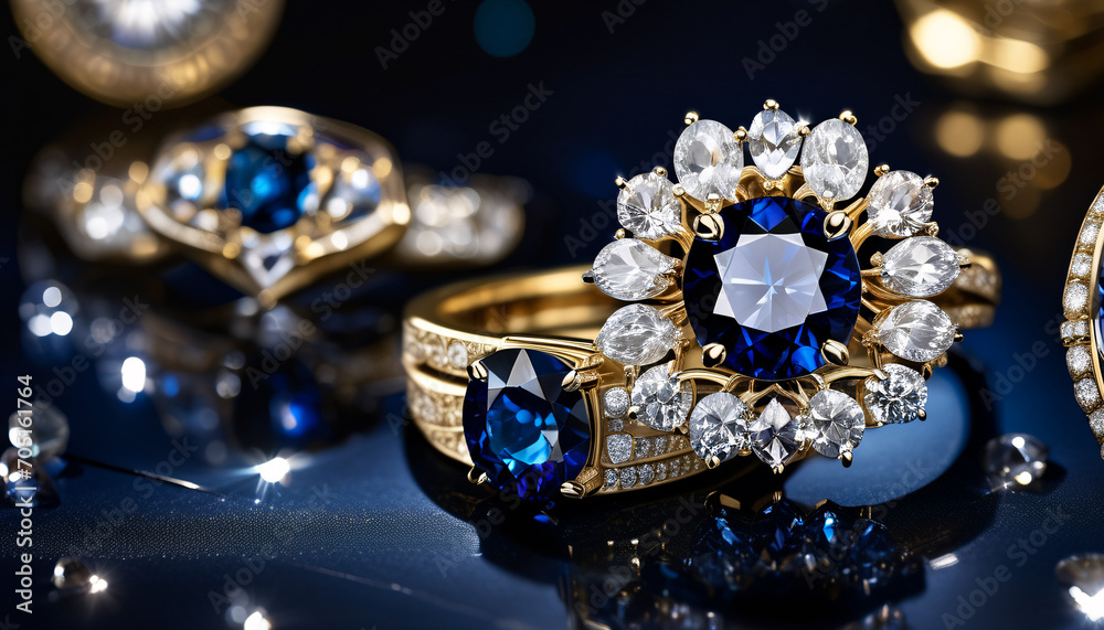 Blue diamond and white diamonds jewellery design , luxury diamonds background, sapphire gemstone, macro diamonds, Modern Jewelry - obrazy, fototapety, plakaty 
