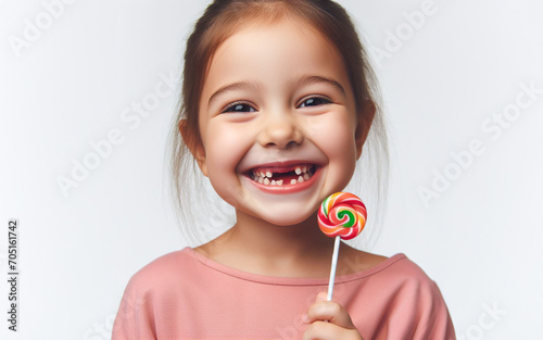 Girl smiles with decayed teeth and held a lollipop in his hand Child's smile, poor oral health and teeth white background