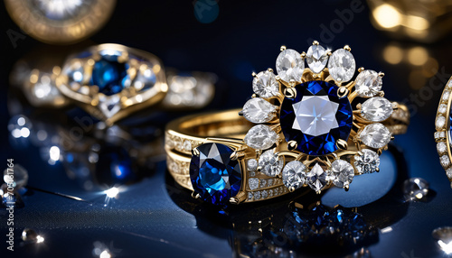 Blue diamond and white diamonds jewellery design , luxury diamonds background, sapphire gemstone, macro diamonds, Modern Jewelry photo