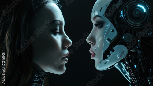 A Cyber Robot Woman Makeup Artist And A Common Woman Makeup Artist Facing Each Other