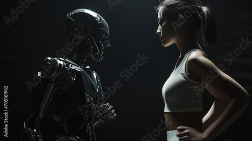 A Cyber Robot Woman Running Coach And A Common Woman Running Coach Facing Each Other