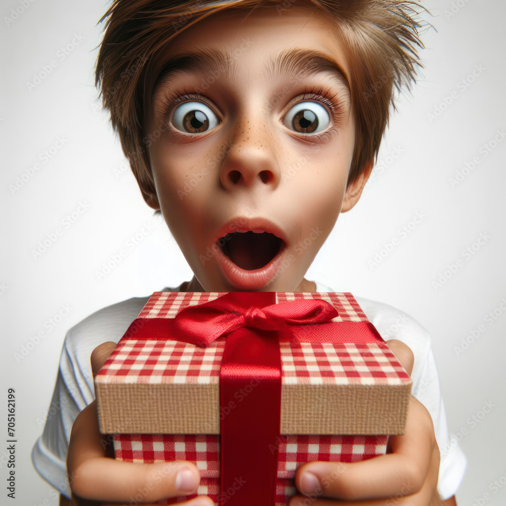 Portrait of surprised little boy get present box with Huge Eyes on white background, wide angle shot. ai generative Portrait of surprised little boy get present box with Huge Eyes on white background, wide angle shot. ai generative
