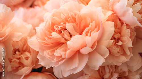 Close Up Macro of Beautiful Peonies in Peach Fuzz Color of the Year 2024 © Seasonal Content