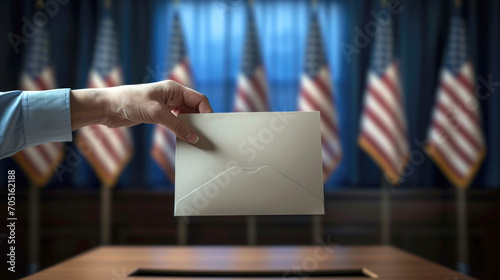 United States presidential election in 2024. Voter holds envelope in hand above vote ballot. USA flags in background.