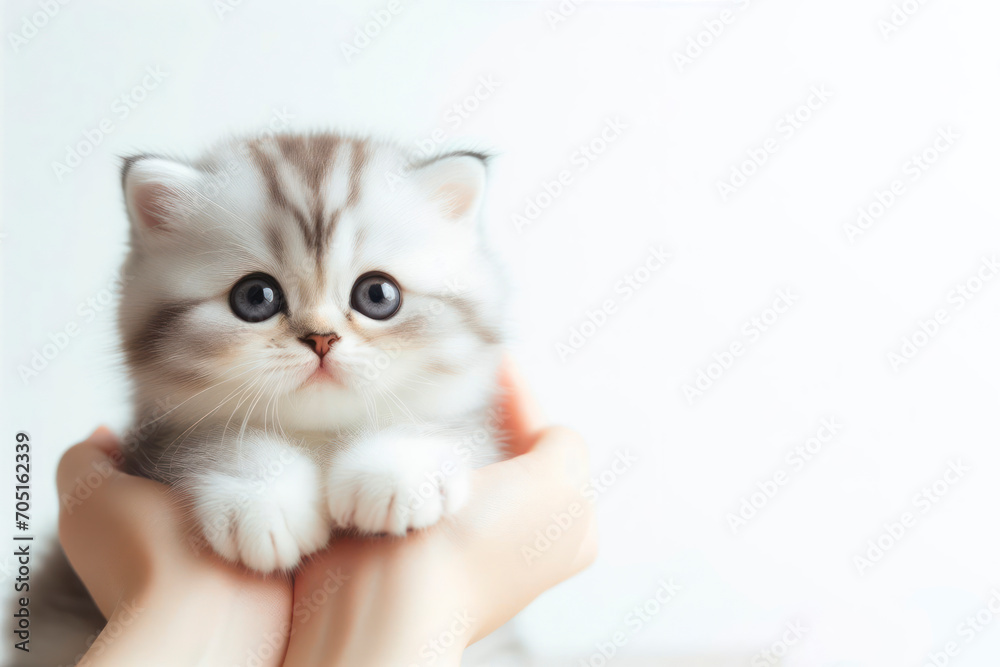 little cute cat with big eyes on hand isolated on white background. ai generative