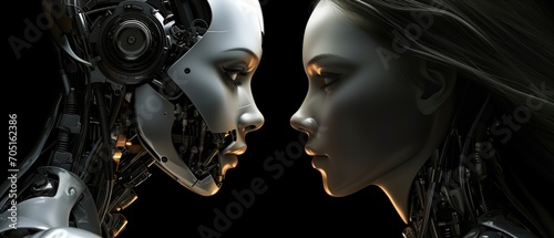 A Cyber Robot Woman And A Common Woman Facing Each Other, Deep Black Background, Voluminous Lighting, Dramatic Shadows