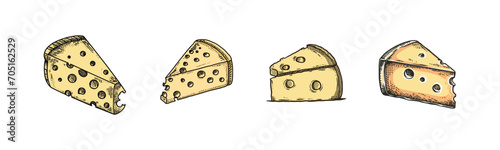 set of Hand-drawn sketch-engraved-style colorful cheese piece, white background, illustration