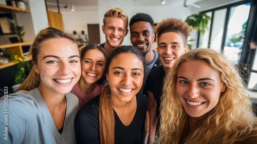 Portrait of smiling multiethnic friends taking selfie in coffee shop