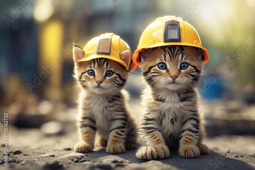 portrait small kitten wearing construction hats. ai generative