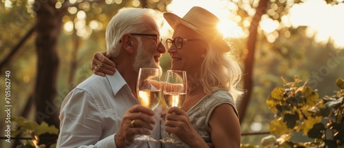 Cheers With Wine And Roses For A Special Occasioncaucasian Senior Couple Embraces In Park, Enjoying Nature During Retirement Health Insurance