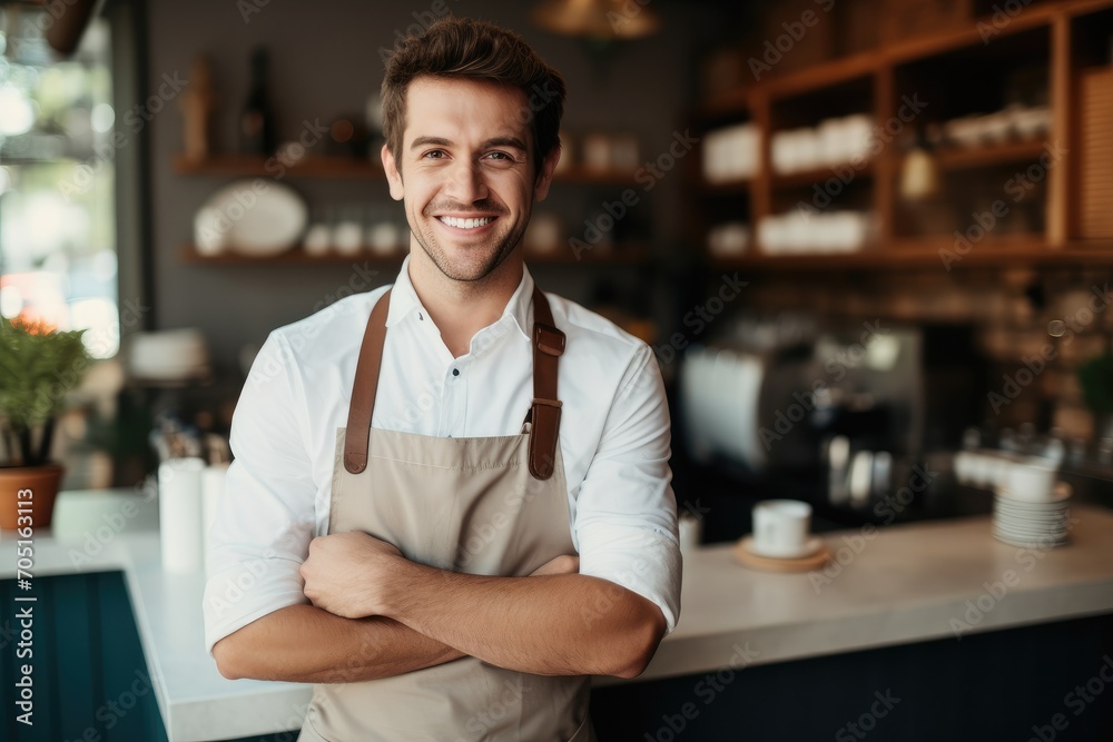 Male coffee shop business owner stands proudly happy in a cozy coffee shop. Small business owner. Male coffee shop business owner stands proudly happy in a cozy coffee shop. Small business owner.