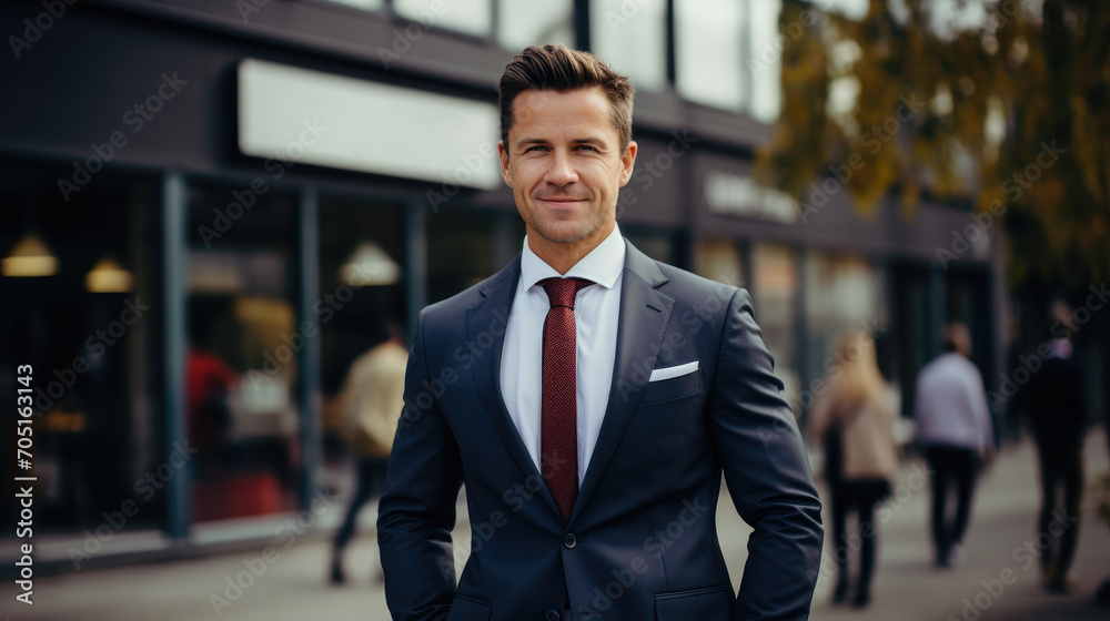 Portrait of successful business man owner in suit standing in front of modern office. Portrait of successful business man owner in suit standing in front of modern office.