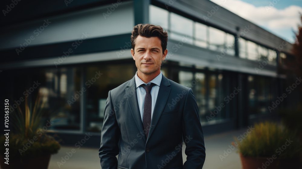 Portrait of successful business man owner in suit standing in front of modern office.
